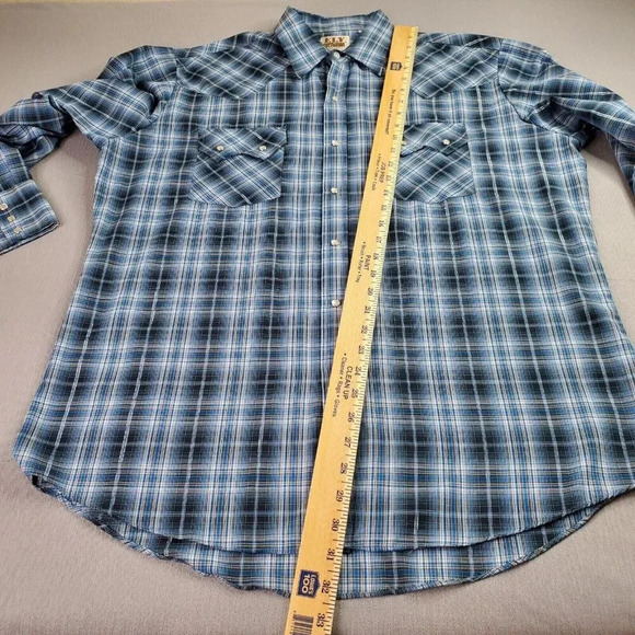 Ely Cattleman Western Shirt Large Blue Silver Plaid Pearl Cowboy Rodeo Dance - Picture 7 of 14